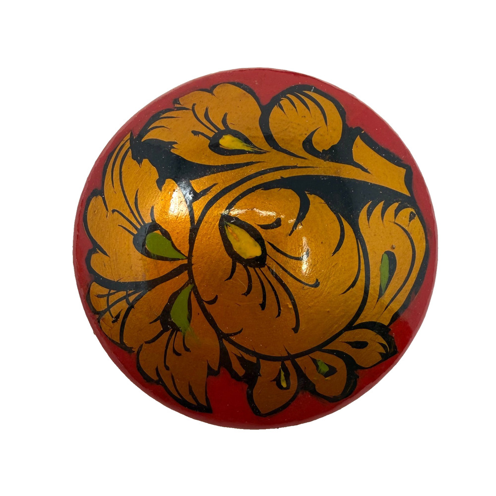Vintage Russian Lacquer Brooch Khokhloma Style Red Gold Floral Wood 1.75” Pin